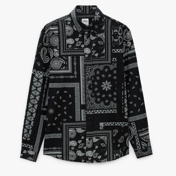 Zara Men's Black and Gray Geometric Bandanna Shirt - Picture 1 of 10